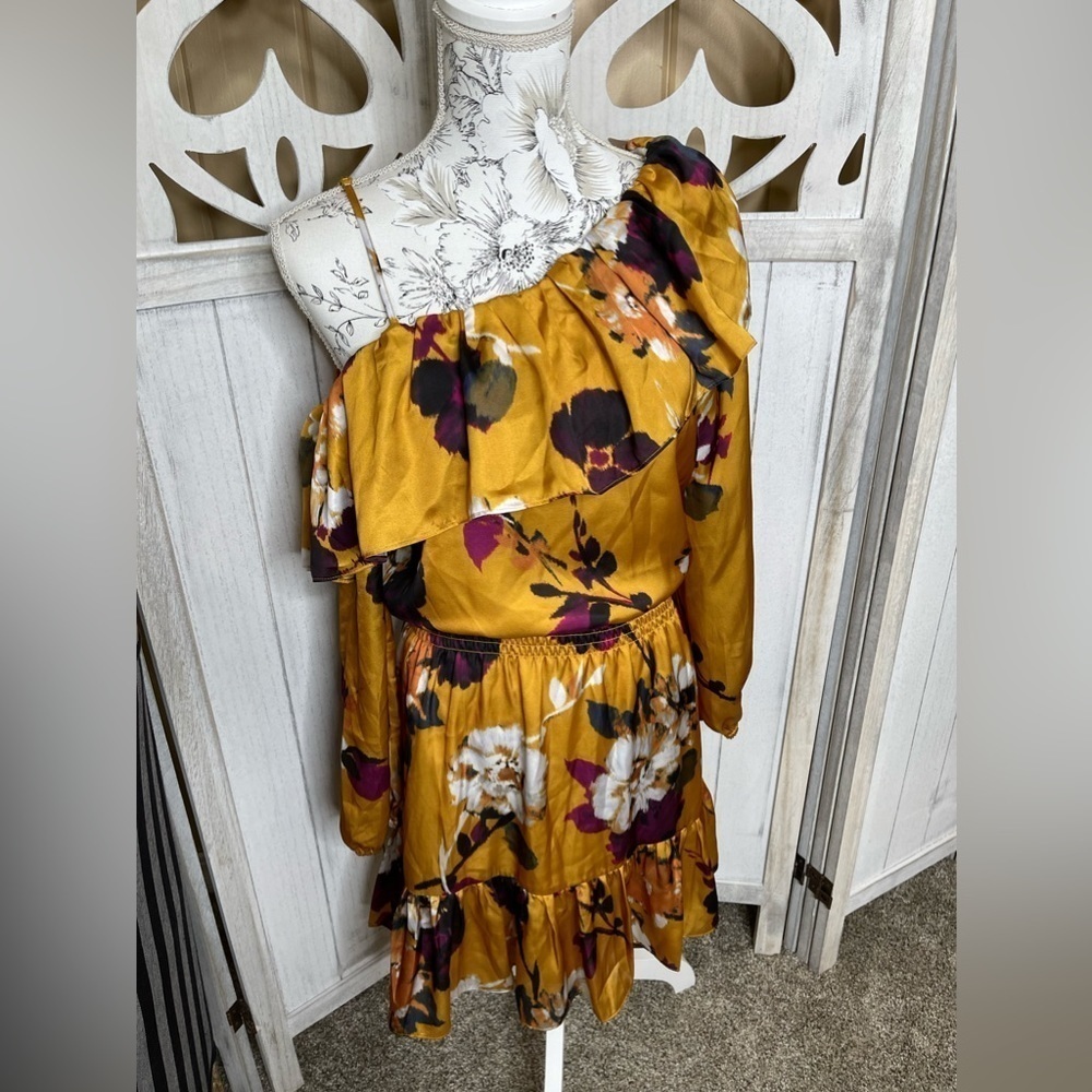 Boston Proper One Sleeve Dress Satin Gold Floral Ruffle Size XS